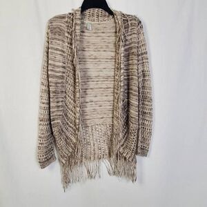 Vanity Women’s Medium Tan Knit Cardigan Fringe Hem Open Front Sweater USA Made